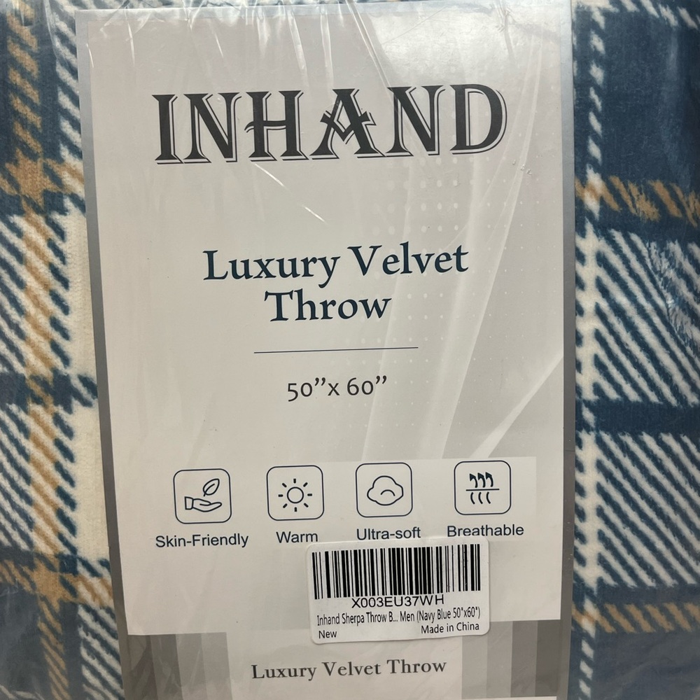 INHAND Blue & white Plaid Luxury Velvet Throw Blanket - New - never opened